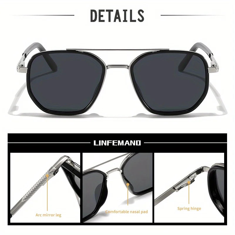 Details of silver-framed, dark gray polarized square sunglasses showing the mirror leg, nasal pad, and spring hinge.