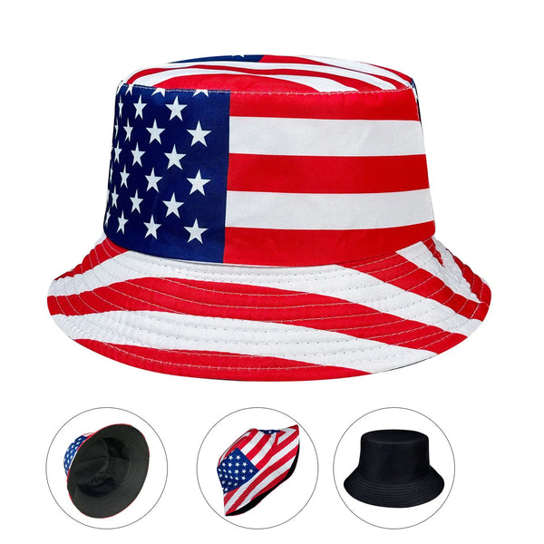 Reversible patriotic bucket hat featuring a red, white, and blue stars and stripes design