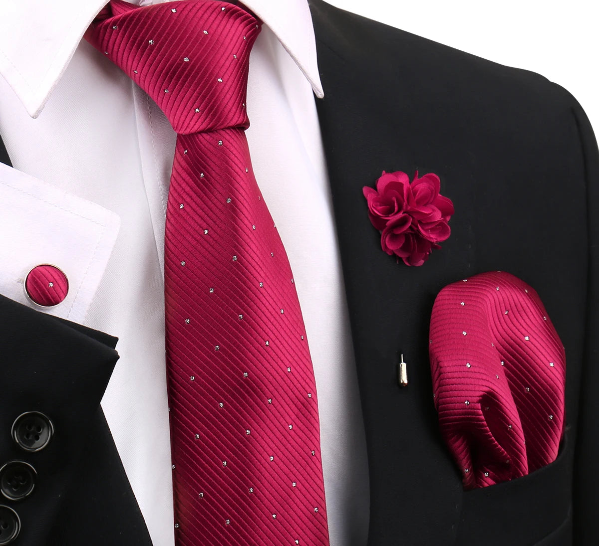 Magenta gestreifte Businesskrawatte und Accessoires vor schwarzem Sakko und weißem Hemd.