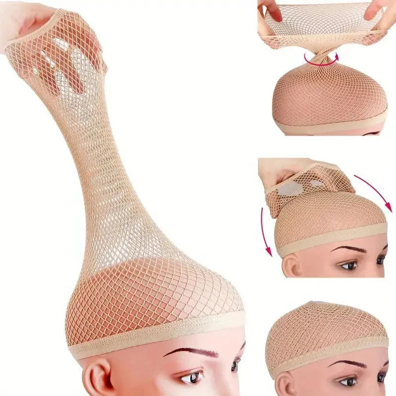 A close-up view of a natural nude wig cap for long hair, showing the mesh netting and pinkish tone.