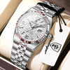 A silver luxury quartz women's wristwatch with a metal bracelet is displayed in a light-colored box.