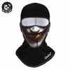 Black full face balaclava helmet liner with a clear visor and a tiger-like facial design