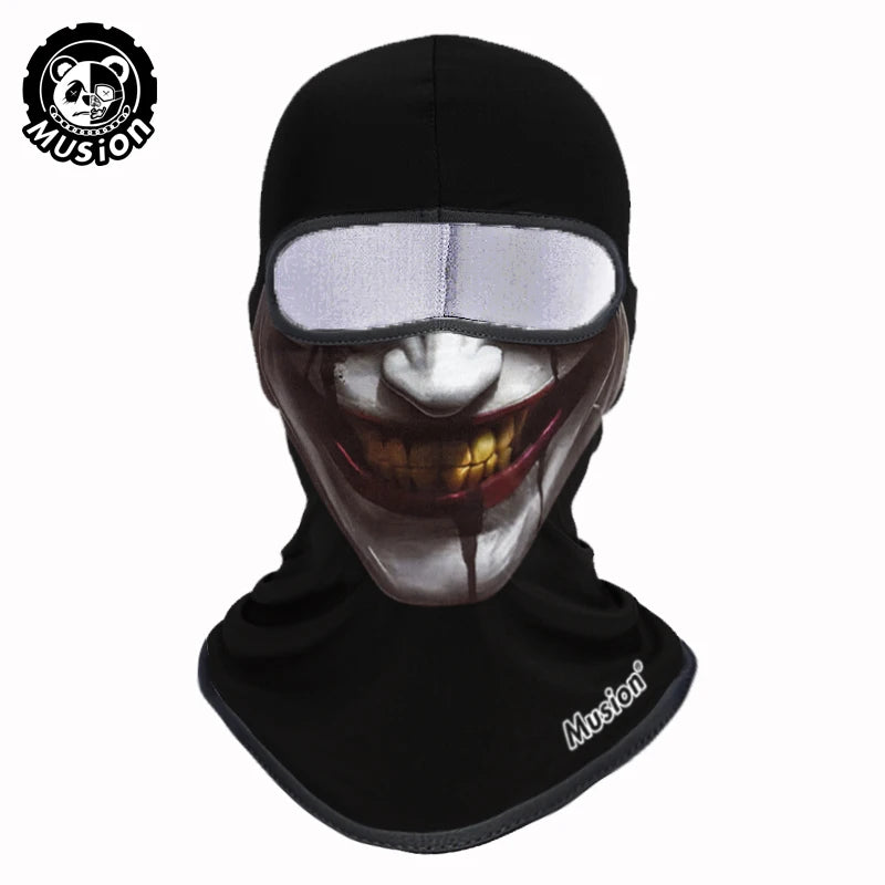 Black full face balaclava helmet liner with a clear visor and a tiger-like facial design