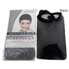 Black weaving cap with a mesh net and a fabric headband shown next to a model's face.