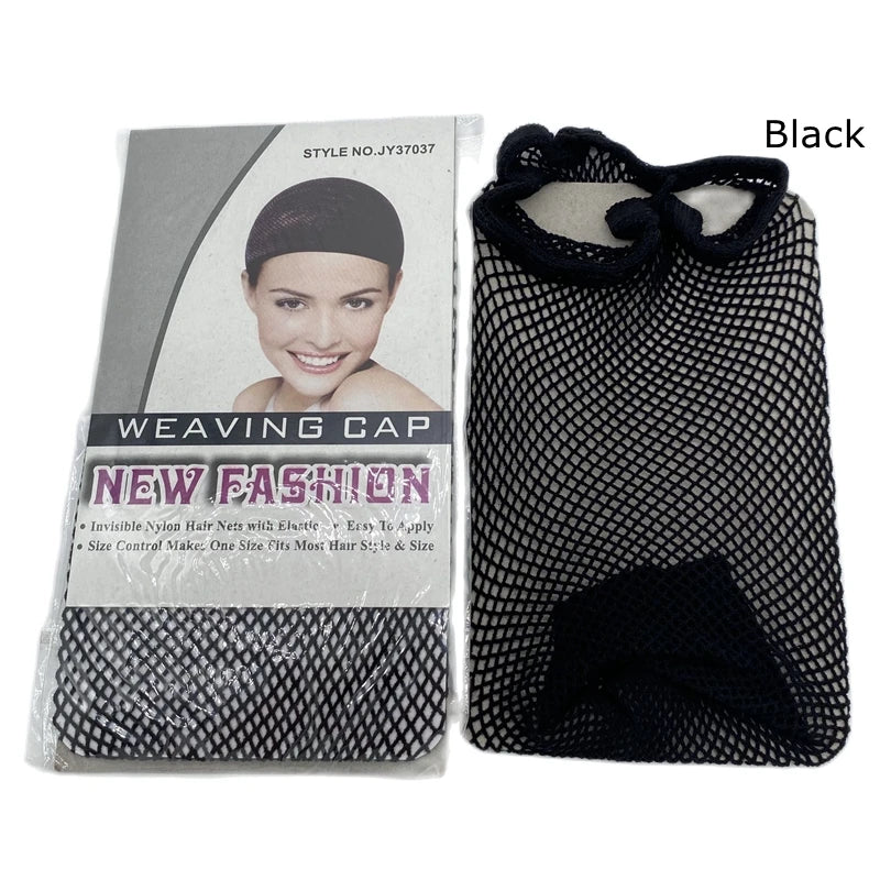 Black weaving cap with a mesh net and a fabric headband shown next to a model's face.
