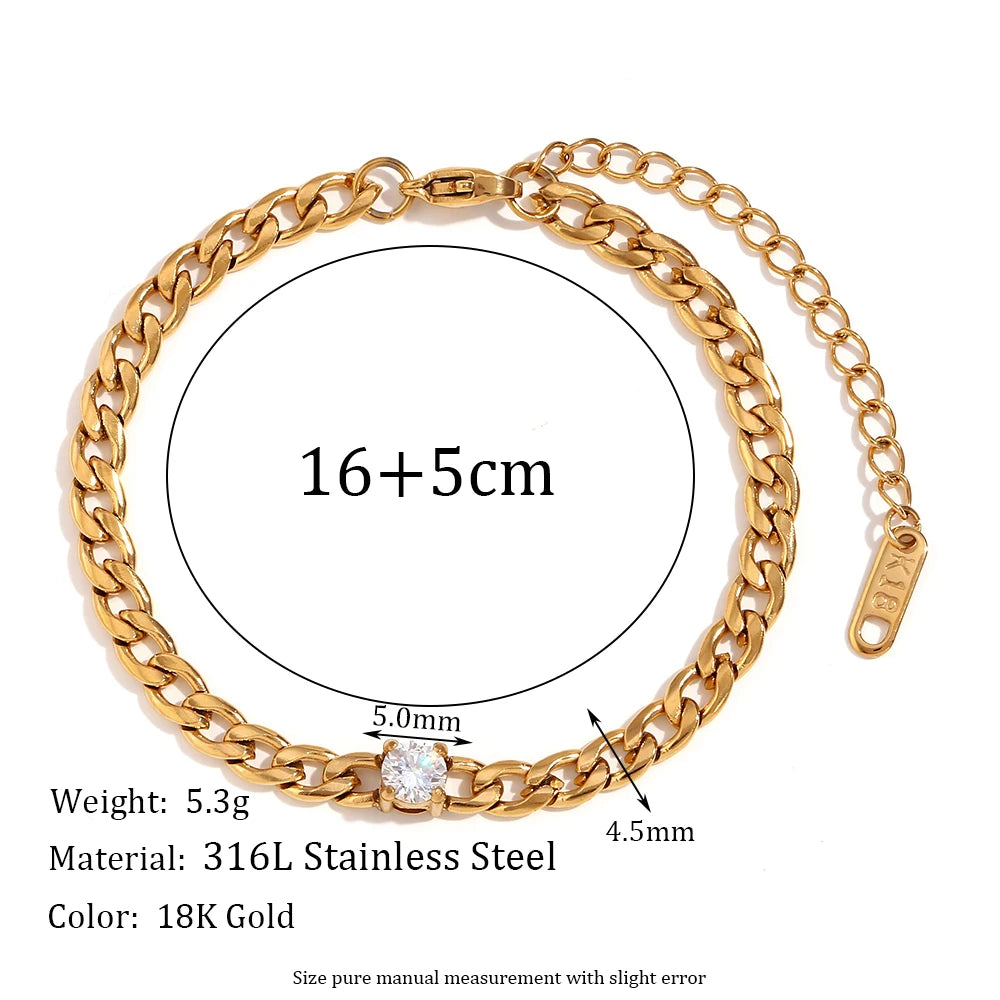A gold-colored chain bracelet with a round water drop zircon charm, measuring 16+5cm.