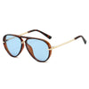 Brown tortoiseshell aviator sunglasses with blue mirrored lenses and gold-toned metal frames