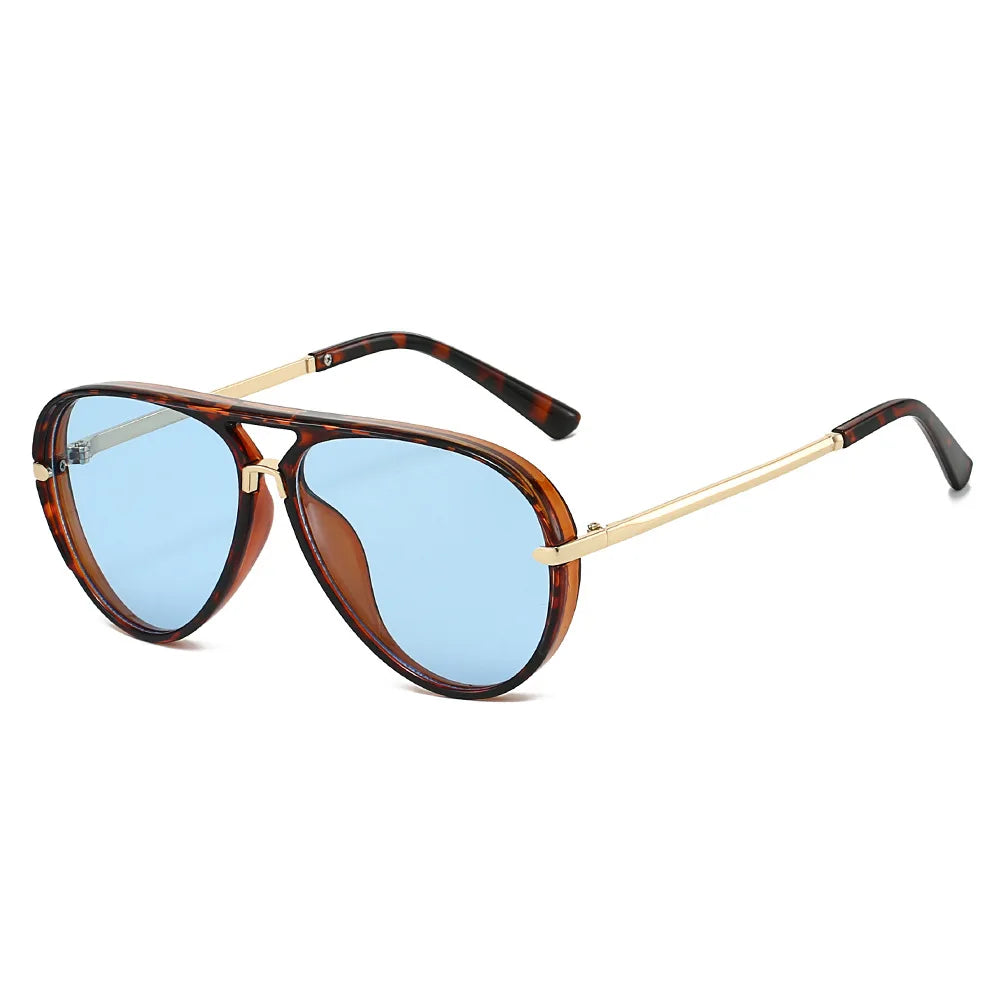Brown tortoiseshell aviator sunglasses with blue mirrored lenses and gold-toned metal frames