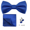 A royal blue bow tie and cufflink set displayed against a white background.