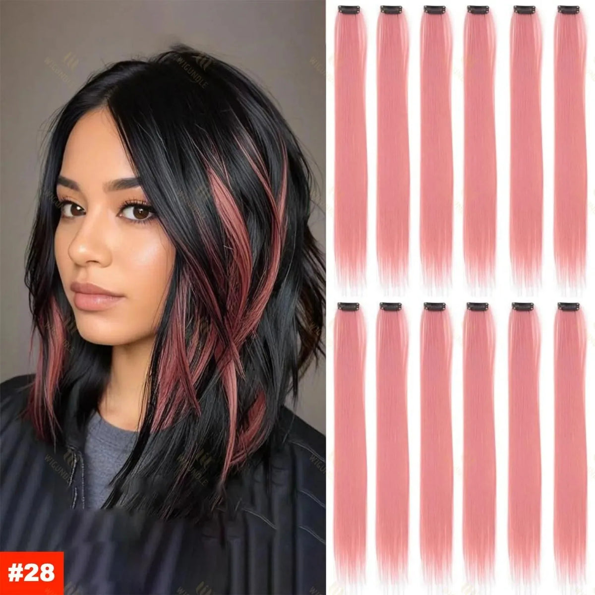 Une femme modèle de longs cheveux noirs avec des reflets roses, montrant des extensions de cheveux synthétiques colorées.