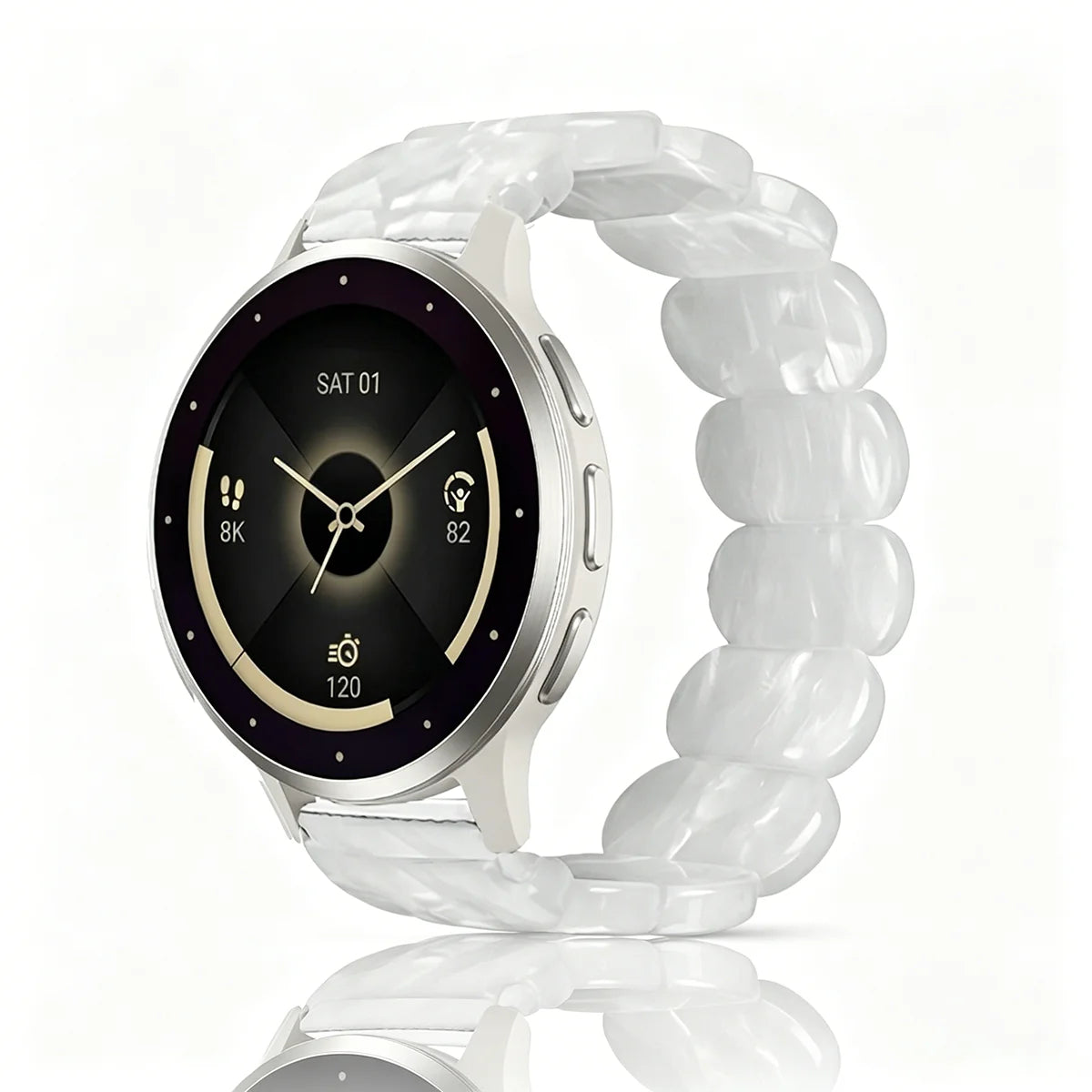 Un bracelet de montre en résine blanche avec un cadran noir et un affichage numérique de métriques de fitness.