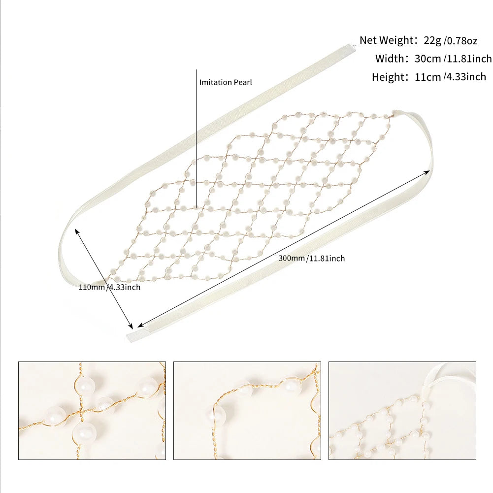 A delicate pearl hair net headband is shown with dimensions and close-up details.