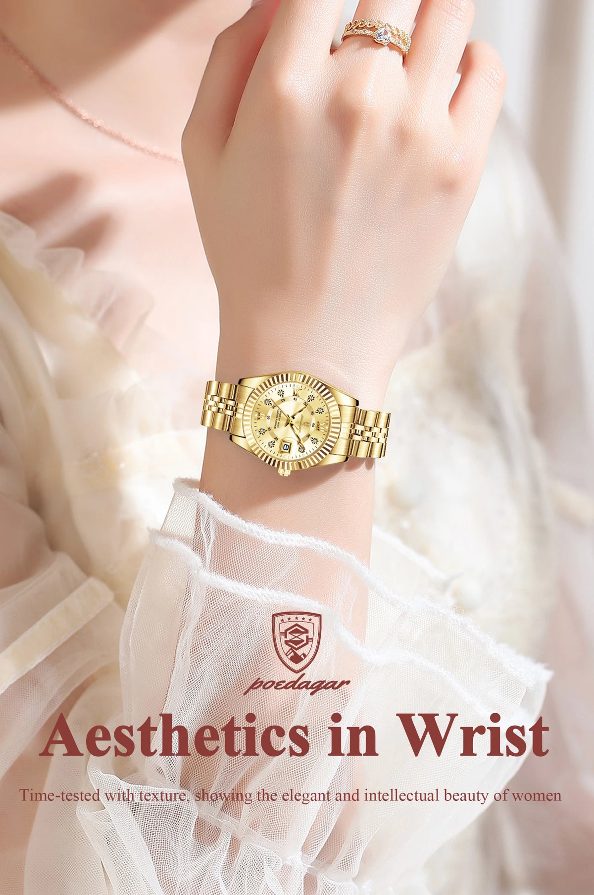A close-up of a gold-toned ladies wristwatch worn on a wrist, set against a soft, light background.