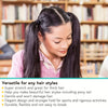 A woman with long dark hair is shown in a library setting, demonstrating versatile elastic hair bands for various hairstyles.