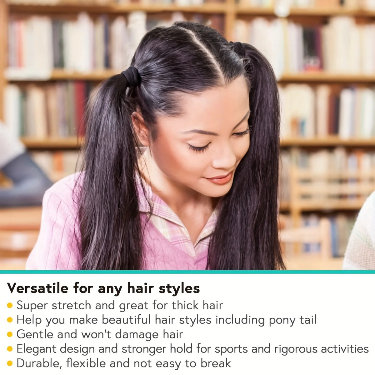 A woman with long dark hair is shown in a library setting, demonstrating versatile elastic hair bands for various hairstyles.
