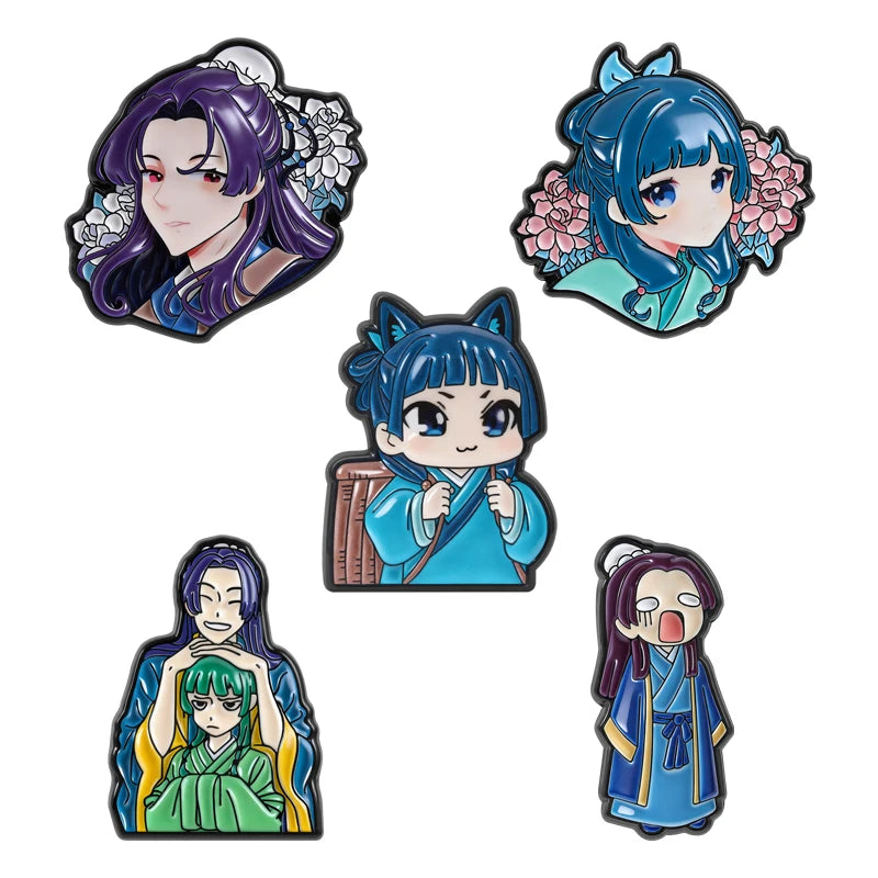 A collection of anime character brooches featuring characters from various series.