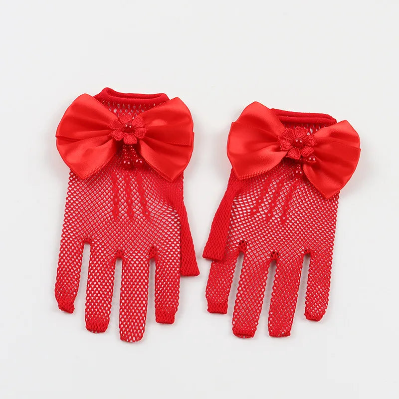 Pair of red bridal and performance mesh finger gloves with large satin bows