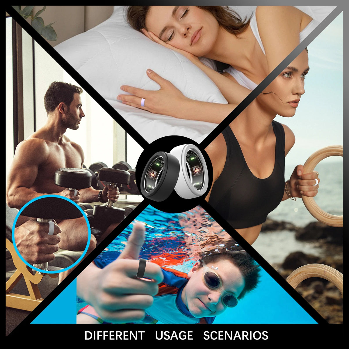 A collage showing a woman using a silicone protector for an Oura ring and a man exercising.