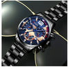 A black men's stainless steel quartz watch with a blue dial and gold accents on a dark background.