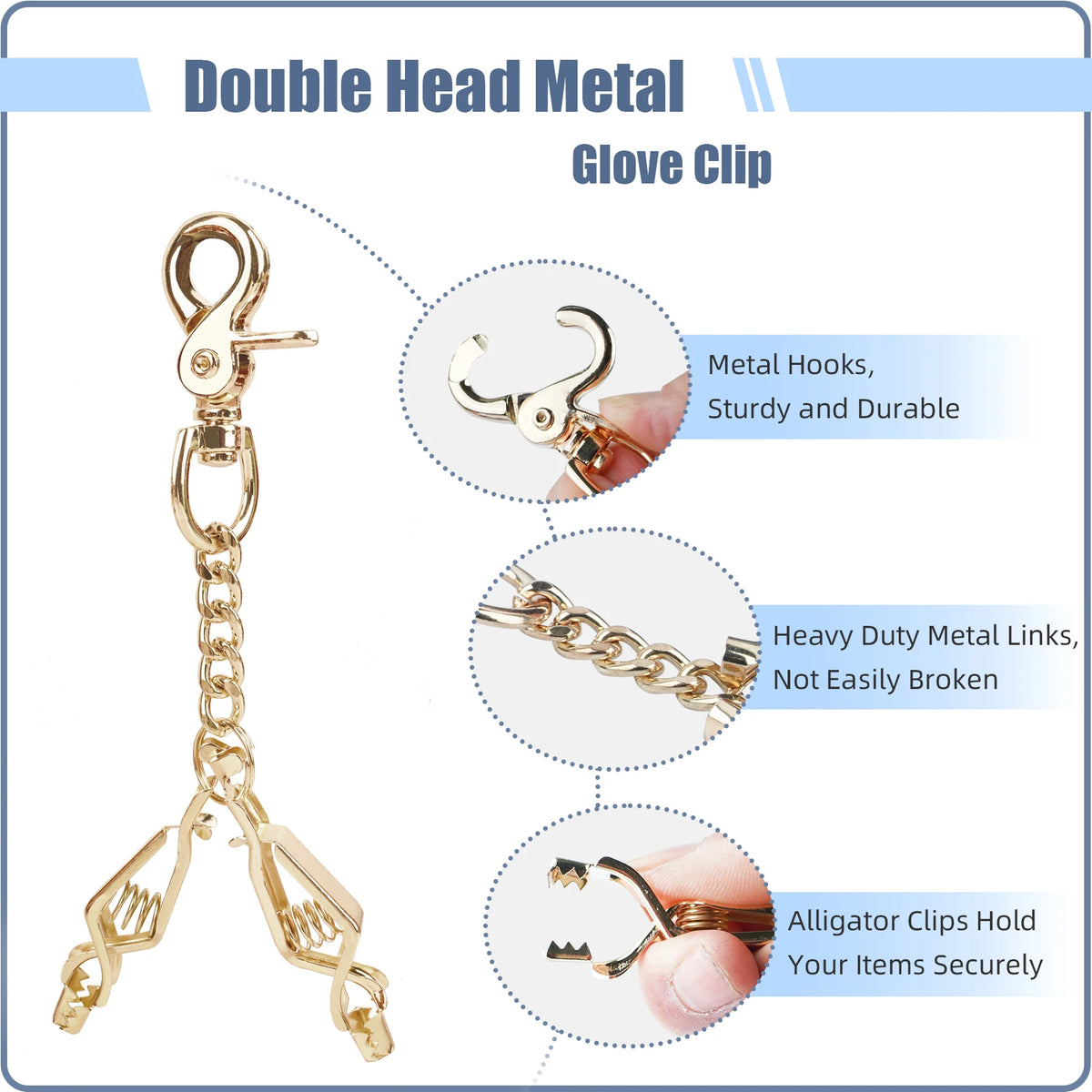 A double head metal glove clip featuring sturdy metal hooks and heavy duty links for secure item holding.