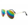Men's aviator sunglasses with gold and silver frames featuring a vibrant rainbow lens.