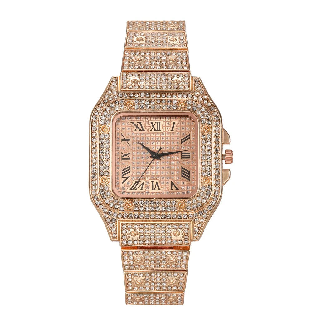A rose gold diamond crystal quartz wristwatch for men with a textured band and bezel.