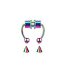 A pair of silver and iridescent hoop nose rings for fashion statement jewelry.