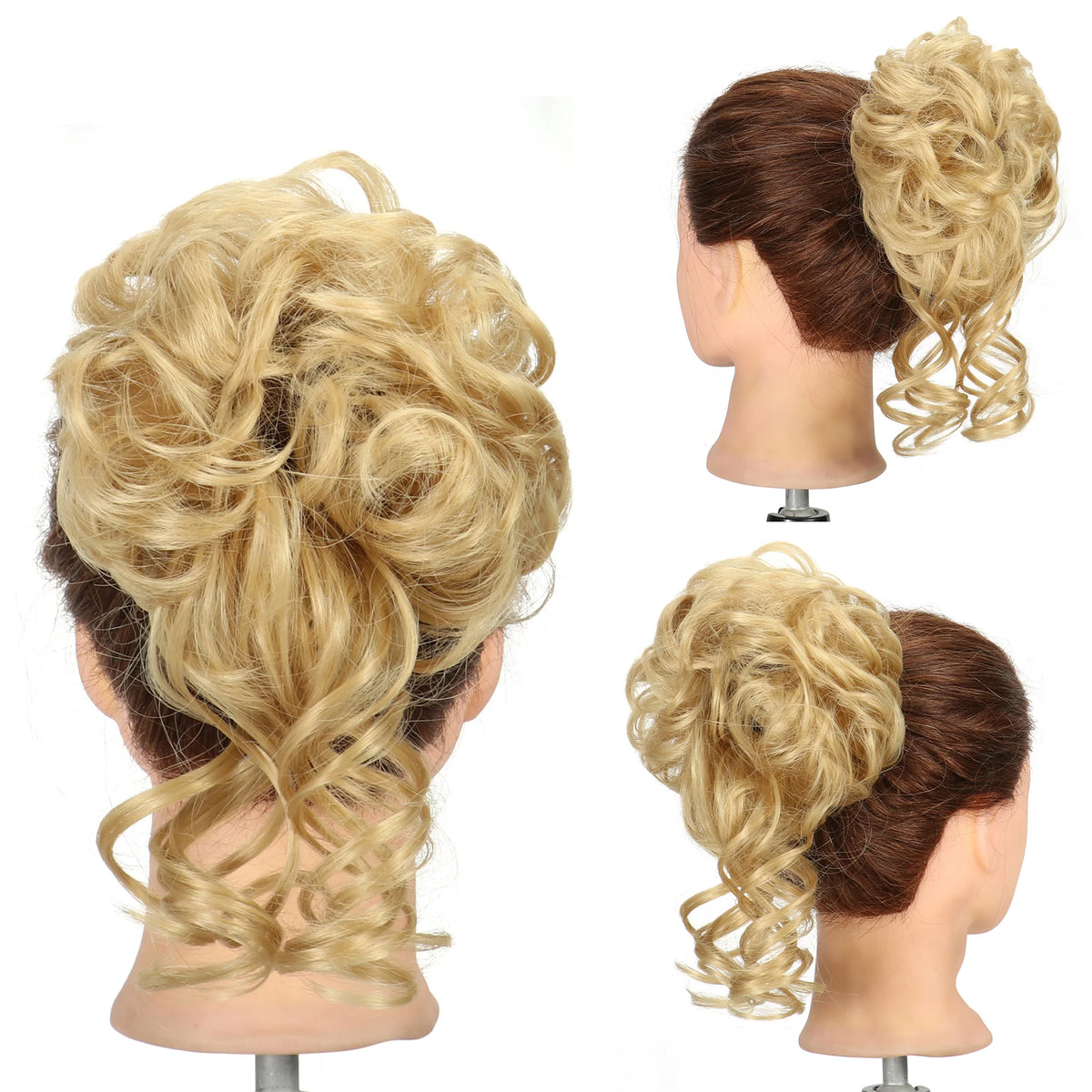 A woman's hair styled in a voluminous blonde curly updo with a loose braid and bun.