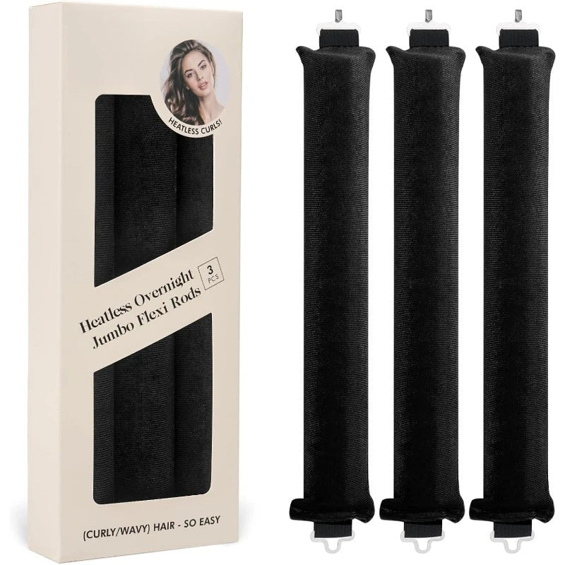 Box und drei schwarze Satin-Flexi-Haarstäbchen für Locken ohne Hitze
