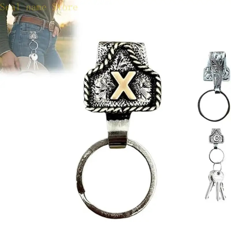 Silver letter X pendant on a keyring and belt keychain