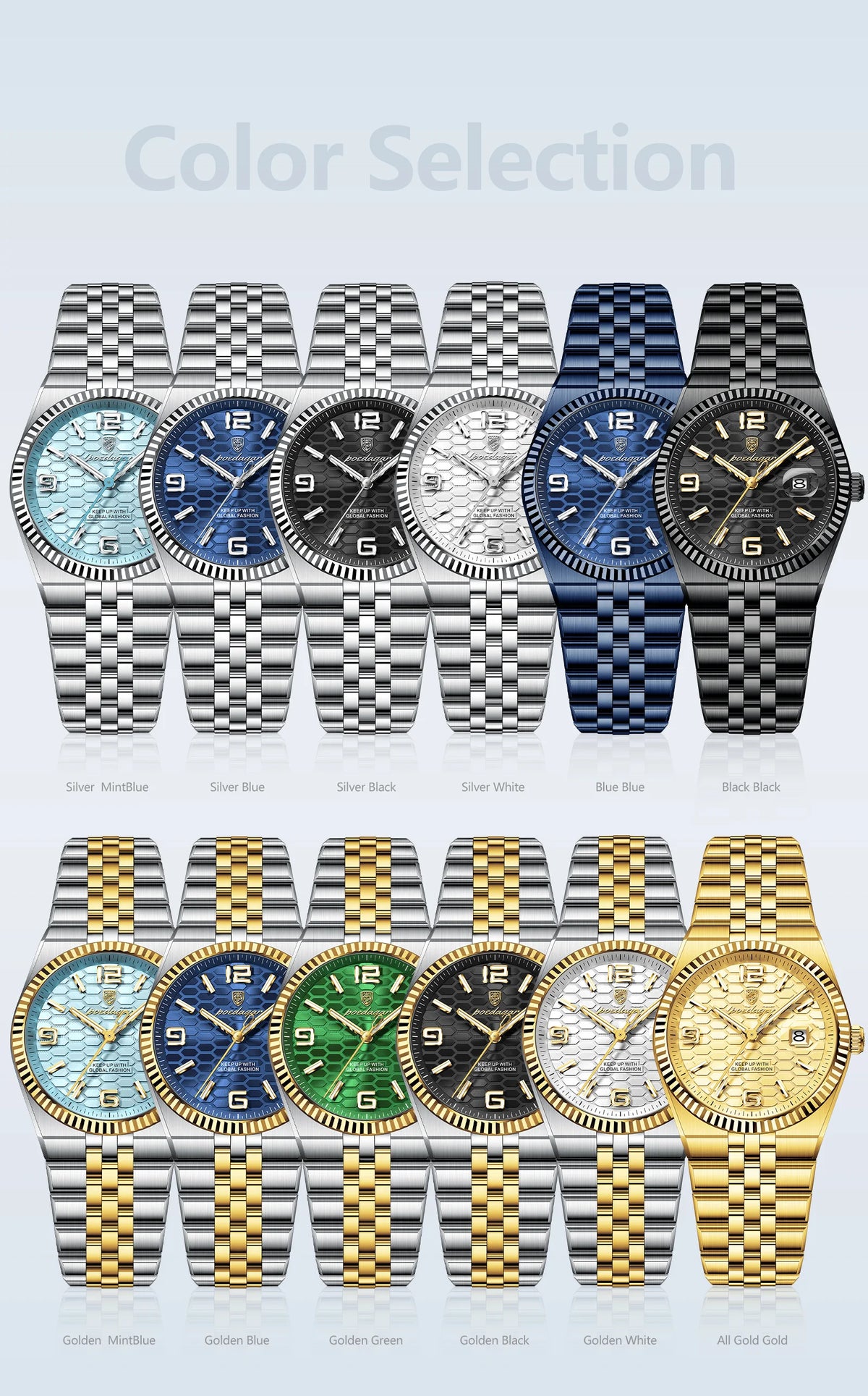 A selection of luxury quartz women's wristwatches in various colors including silver, blue, black, and gold.