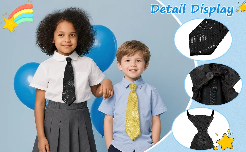 A girl and a boy model a black sequin tie for parties and events