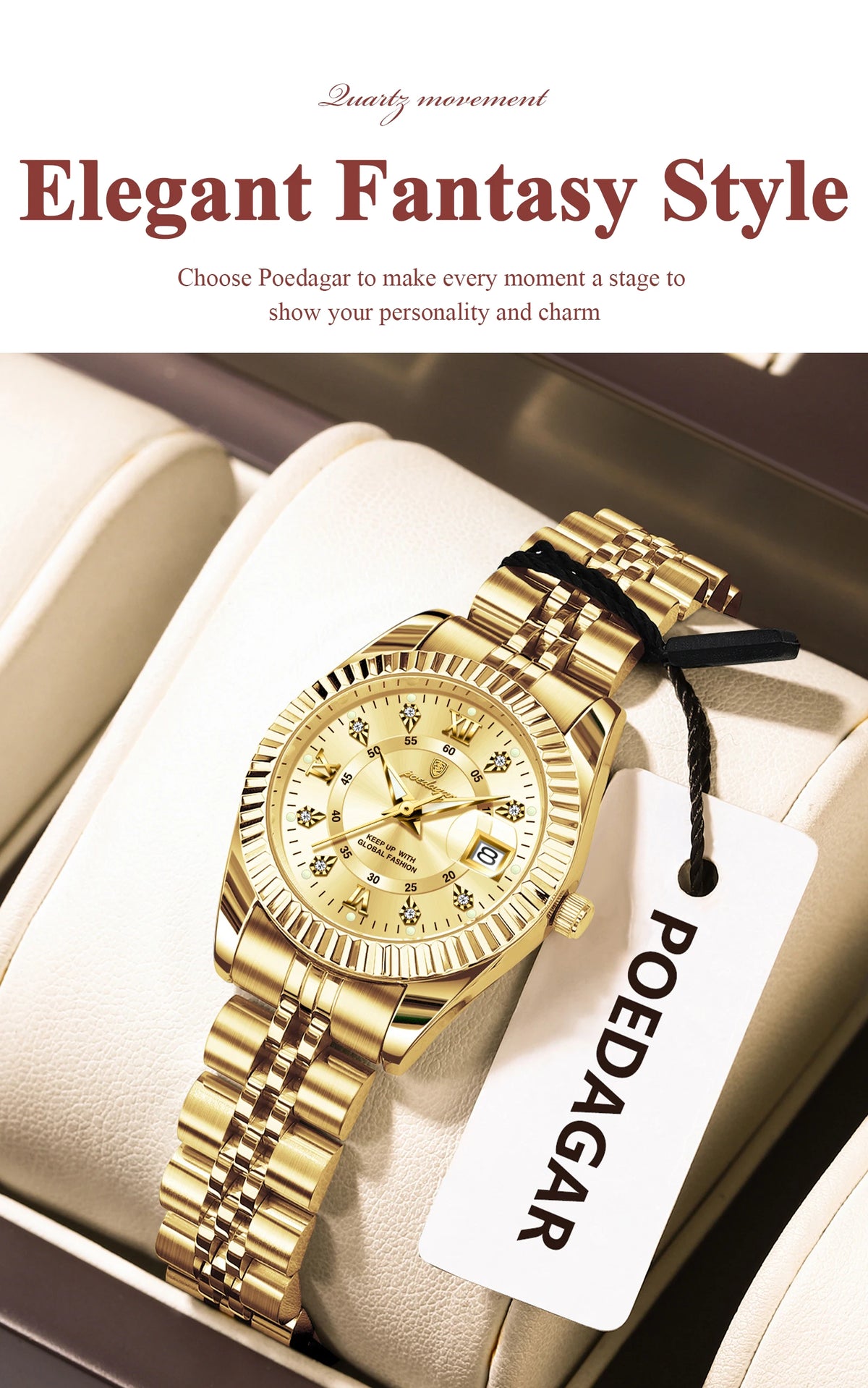 A gold-toned Poedagar quartz wristwatch is displayed on a cream-colored box, highlighting its elegant fantasy style.