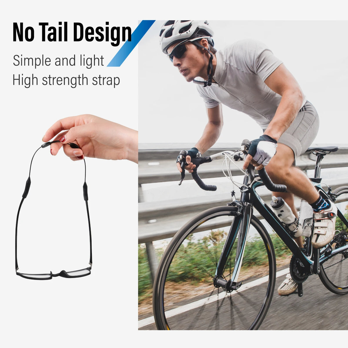 A hand holds a black adjustable strap designed as a no tail design for an eyeglass retainer.