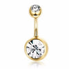 A gold-toned surgical stainless steel belly button ring with a clear gemstone stud and a round clear stone setting.