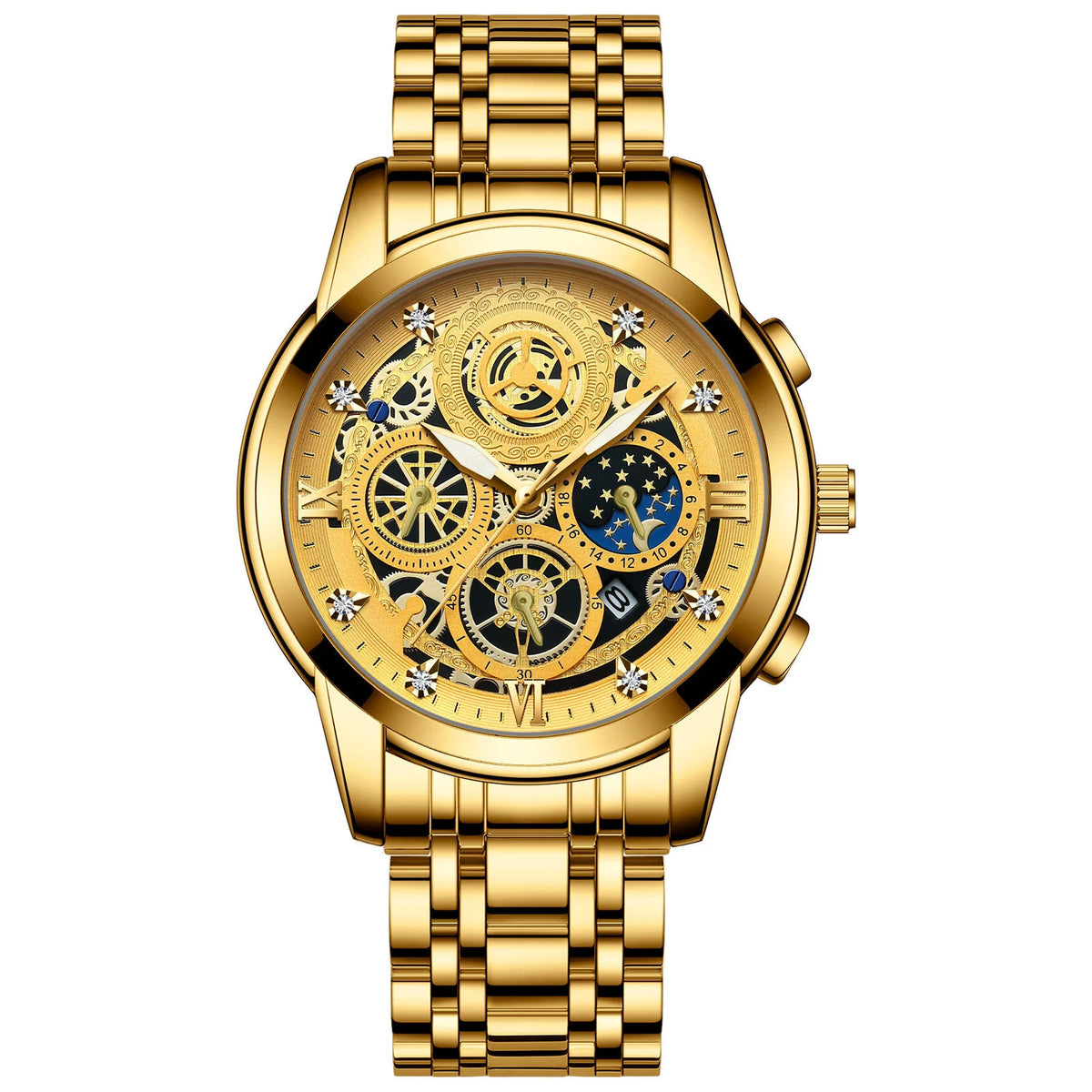 A gold-toned men's stainless steel quartz wristwatch with a detailed dial and metal bracelet.