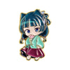 A lapel pin featuring a cute anime character with teal hair and a pink dress.
