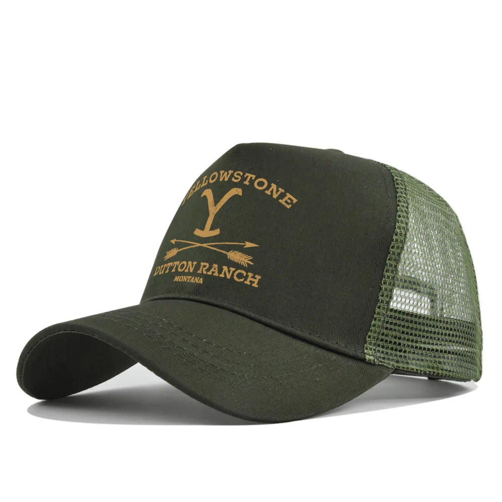 Dark olive green adjustable baseball cap with a yellow and brown embroidered logo featuring the letter Y and the text Dutton 