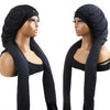 A black long hair sleeping bonnet set shown on a mannequin.