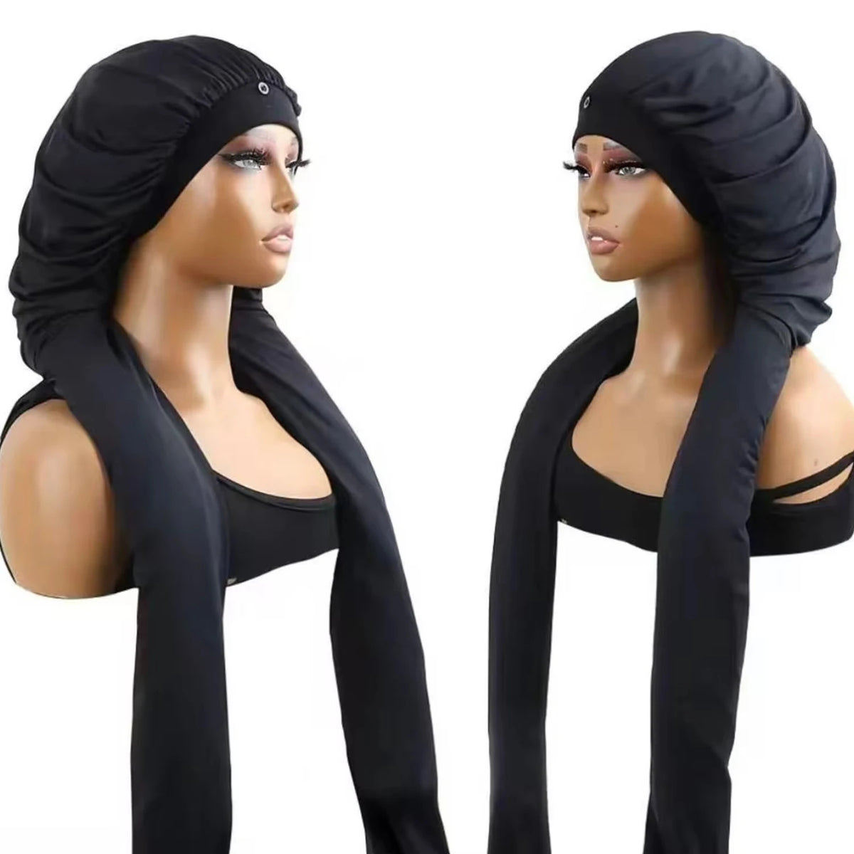 A black long hair sleeping bonnet set shown on a mannequin.