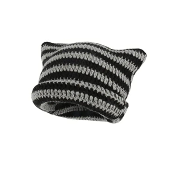 A knitted beanie hat featuring a striped pattern of black and gray yarn.