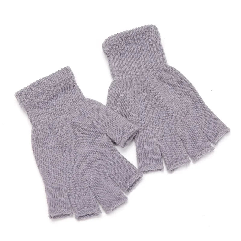 A pair of light purple knit half finger gloves for winter warmth.