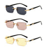 Rimless rectangle sunglasses in black, rose gold, and gold frames shown from the side.