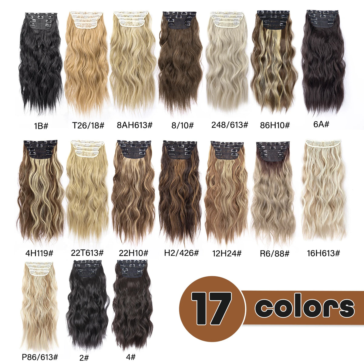 A collection of 17 shades of synthetic ombre hair clips displayed in various lengths and textures.