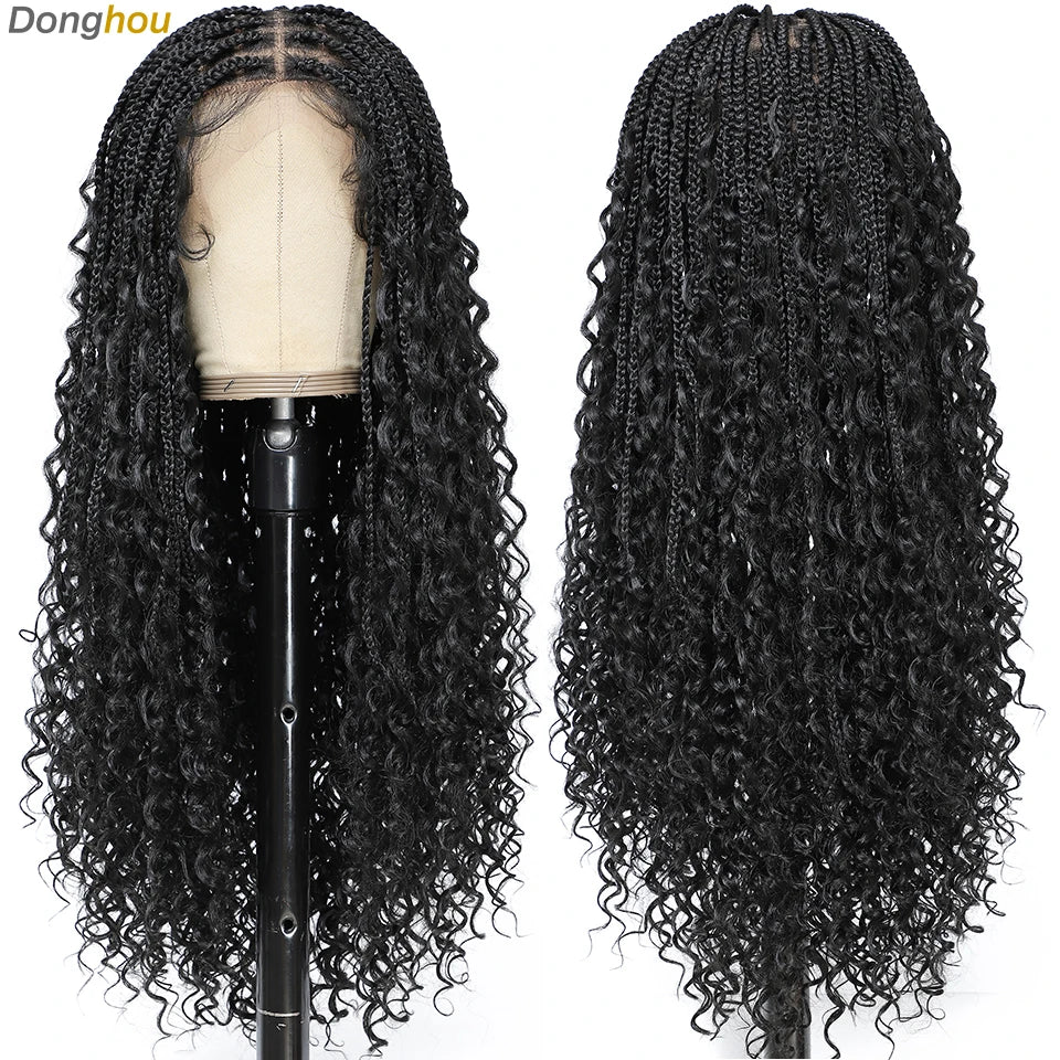 Long black curly hair wig with box braids displayed on a mannequin head.
