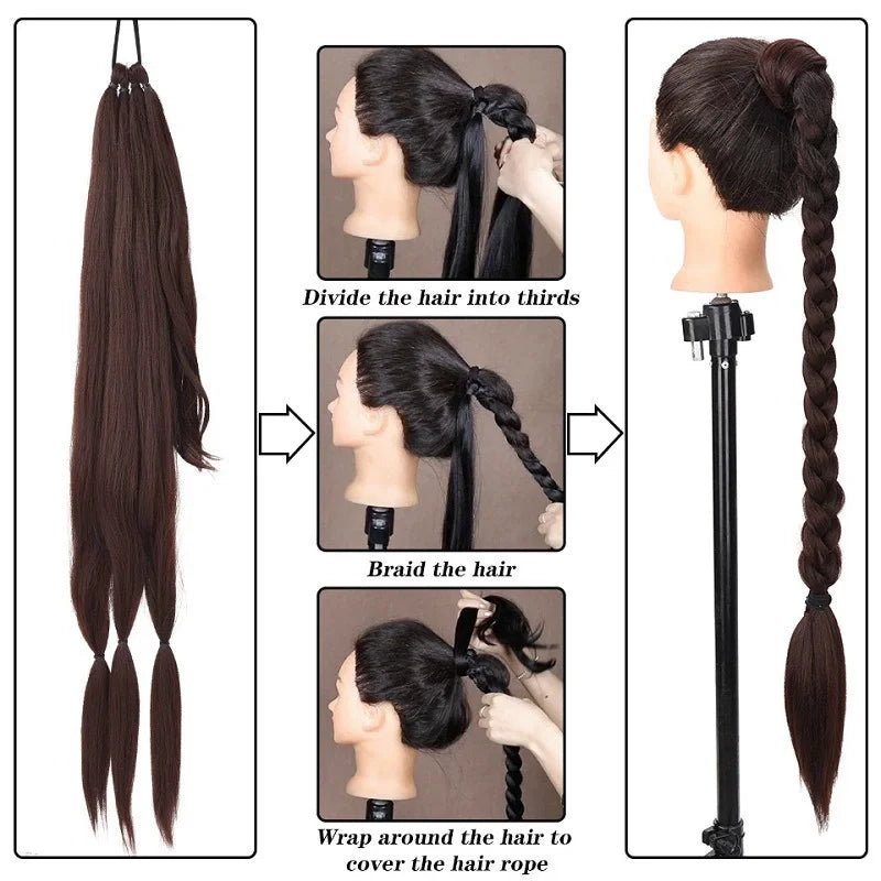 Instructions showing how to divide, braid, and wrap hair onto a rope for a synthetic long braided ponytail extension