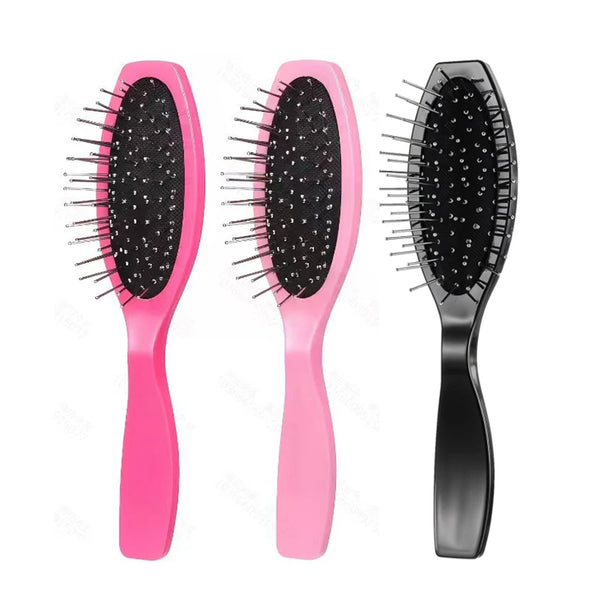 Three anti-static steel comb hair brushes in pink and black for wig grooming