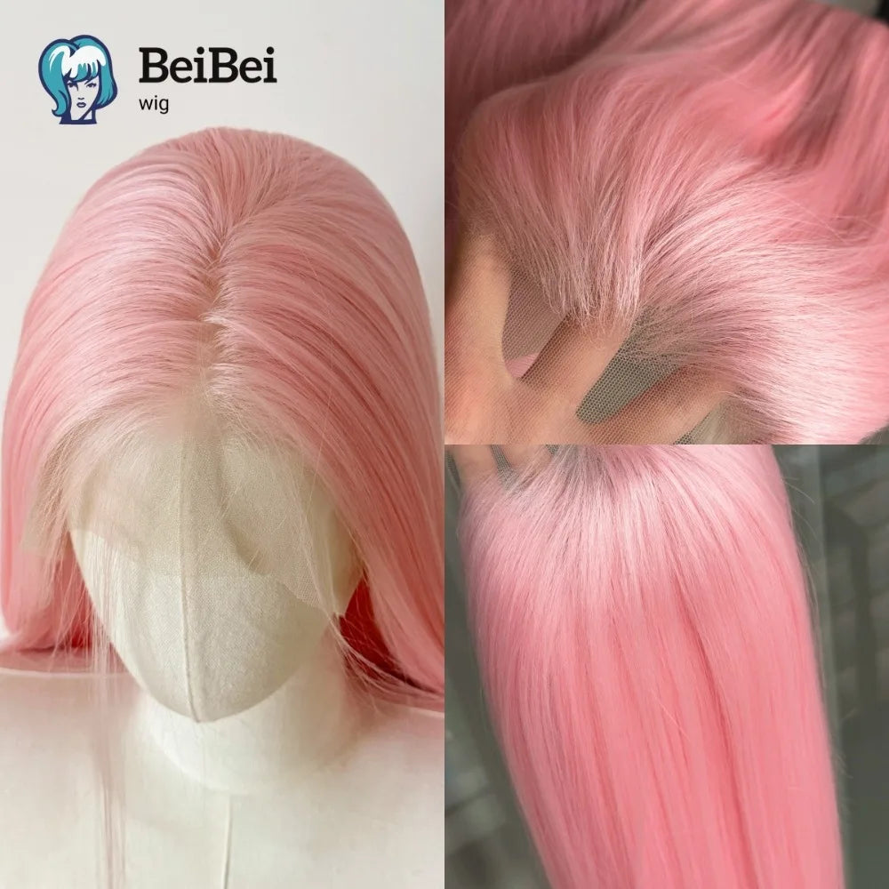 Close-up of a long straight glueless synthetic wig in pink color shown from the front and side angles.