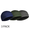 A pack of three moisture-wicking cycling beanie caps in navy blue, olive green, and charcoal gray.