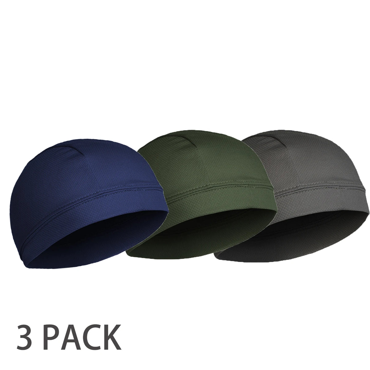 A pack of three moisture-wicking cycling beanie caps in navy blue, olive green, and charcoal gray.